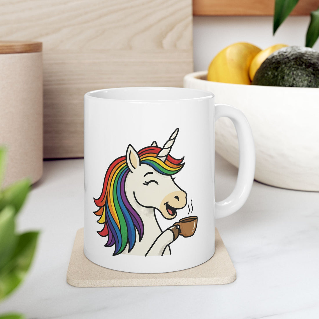 Rainbow Unicorn Ceramic Coffee Mug in 11oz and 15oz sizes, featuring vibrant rainbow colors