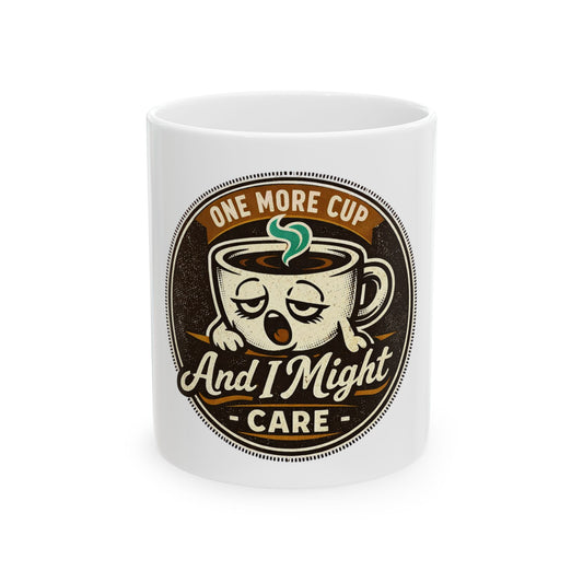 Coffee Mug - "One More Cup And I Might Care" Funny Vintage Ceramic Coffee Cup (11oz, 15oz)